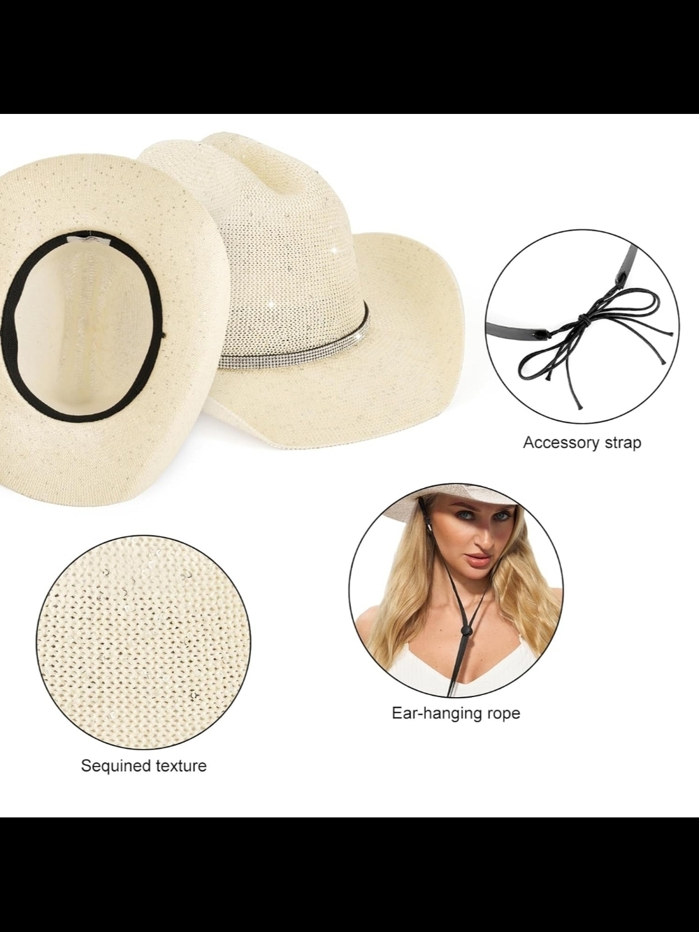 Women’s Bling Straw Cowboy Hat - Cream - Picture 5 of 6